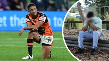 Brandon Wakeham playing for the Tigers on March 24, 2023 (left) and after his arrest at Brookvale Oval on May 15. Picture NSW Police/AAP Image/James Ross
