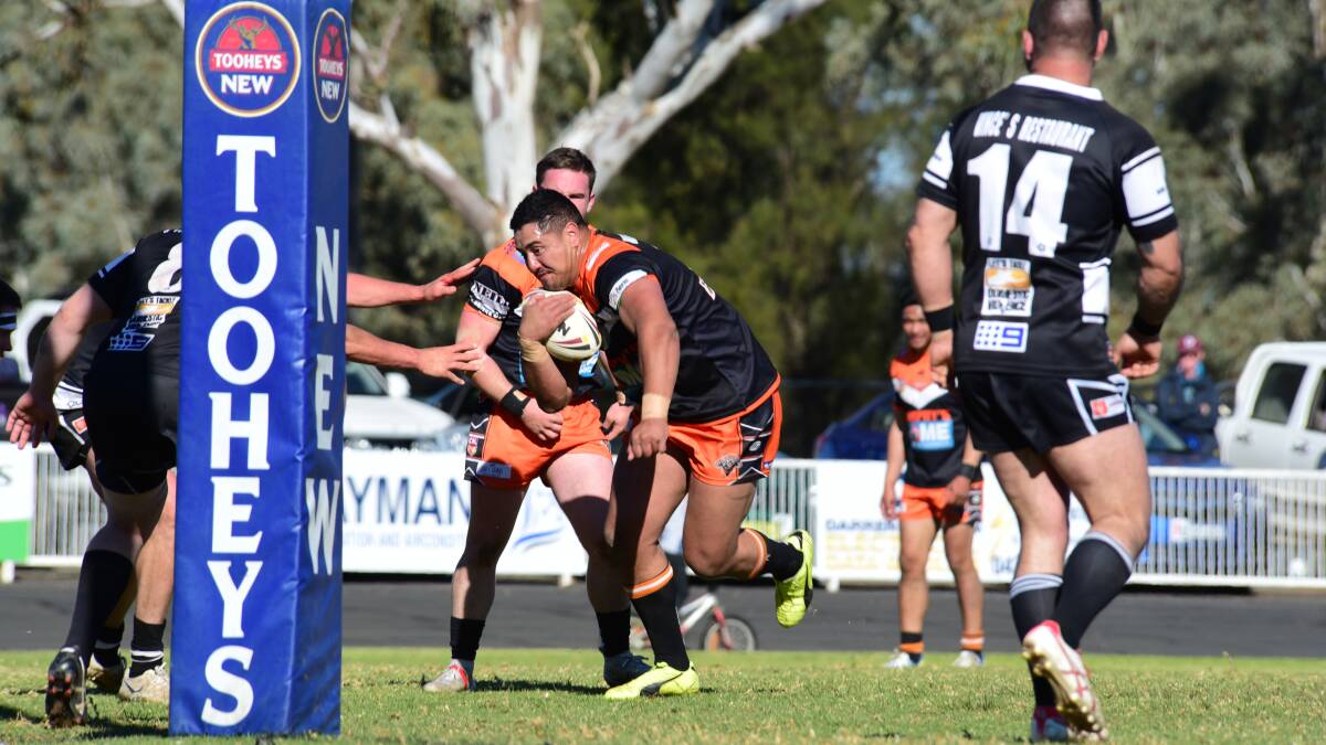 CHARGE: Nyngan Tigers big man Tunui Maurangi charges towards the line when scoring his side's second try on Sunday. Photo: BELINDA SOOLE