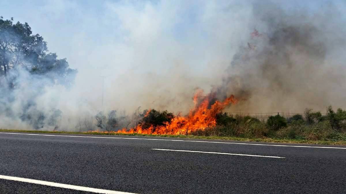 FIRE ALERT: A vicious grass fire on the Mitchell Highway between Narromine and Trangie last summer. Photo: GRACE RYAN. 