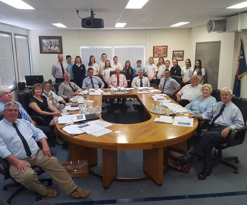 COUNCIL MEETING: Bogan Shire Councillors and executives with the High School SRC in council chambers earlier this year. Photo: GRACE RYAN.