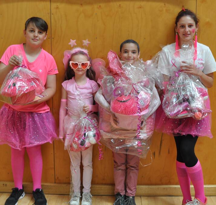 PINKED TO THE MAX: These four Pink Up Your Town supporters in Port Pirie were part of the community's fundraising effort, winning prizes for their dress-up creations. Congratulations to Owen McPherson, Olivia Baker, Jack Eggmolesse and Kahlea Angel.