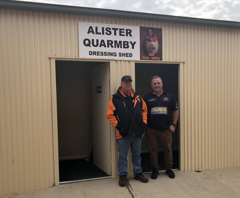 OPENING: Nyngan Tigers club president Glen Neill with Alister Quarmby who was honoured on Saturday with the opening of the 'Egg' shed. Photo: ZAARKACHA MARLAN