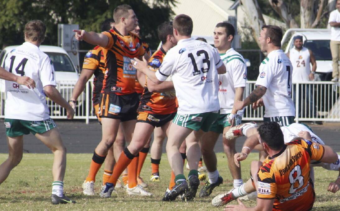 NAIL-BITER: Captain-Coach Byron Warren gets heated in the Tigers' clash against the undefeated defending premiers Dubbo CYMS. Points were hard to come by in one of the most gruelling matches of the season.