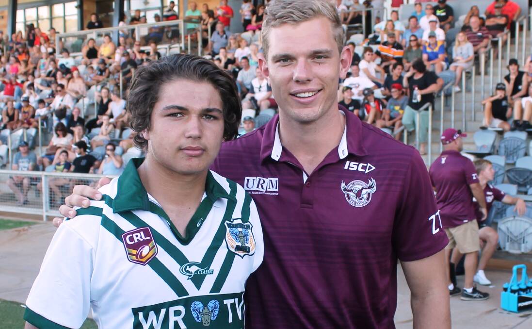 WEST'S BEST: Local talent James 'Busta' Nelson, pictured with Manly's NRL winger Tom Trbojevic, was Western's best during Saturday's loss to the Sea Eagles. Photo: PETER CLARKE/CRL