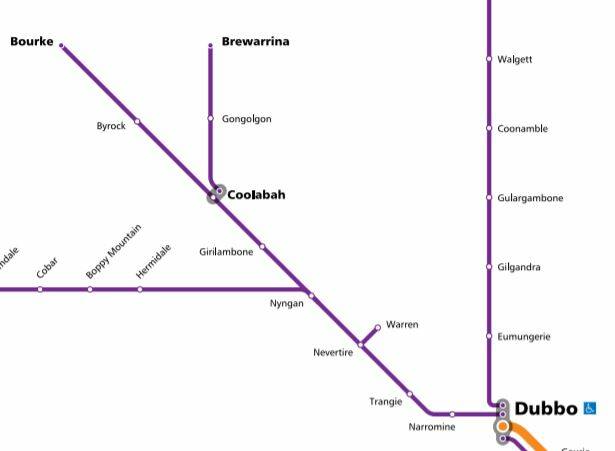 The NSW TrainLink coach route from Bourke to Dubbo and Brewarrina to Dubbo.