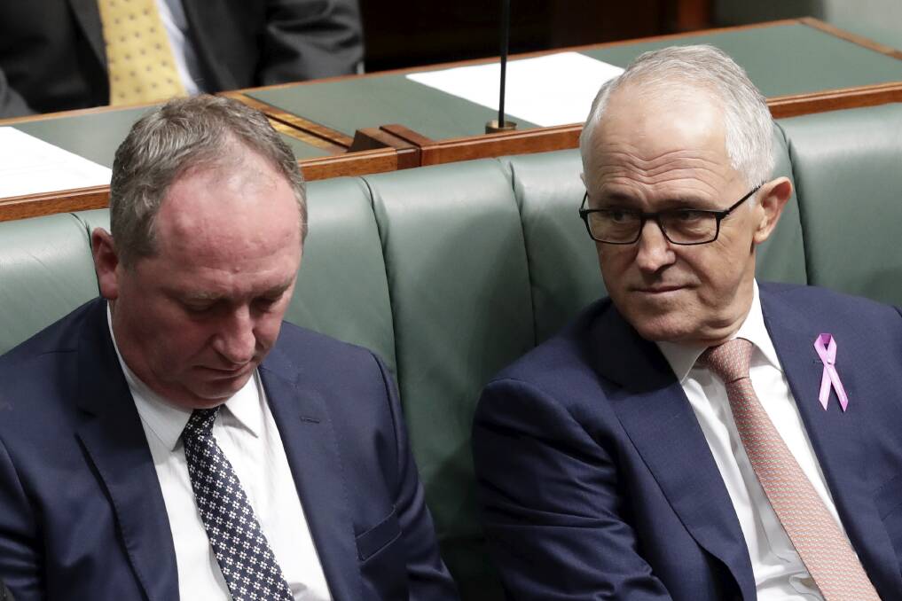 Deputy Prime Minister Barnaby Joyce and Prime Minister Malcolm Turnbull during an attempt by Labor to suspend standing orders, in the House of Representatives on Thursday, February 15. Photo: Alex Ellinghausen