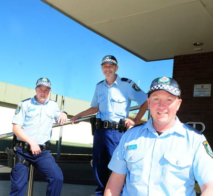 Probationary Constable Greg Lynch, Acting Sergeant Daniel Tagg and Probationary Constable Shane Allen outside Dubbo Police Station. Photo: LOUISE DONGES