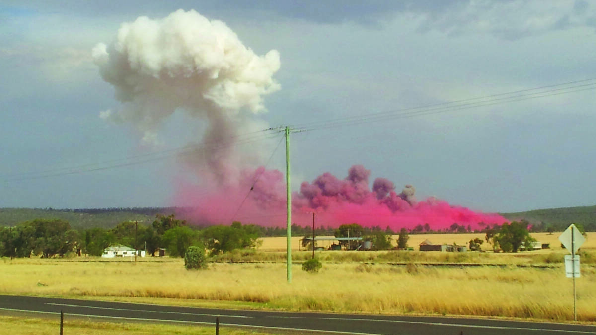 A cloud of pink smoke ... Jon McDonald sent in this photo following the explosion at Bogan Gate on Sunday afternoon.