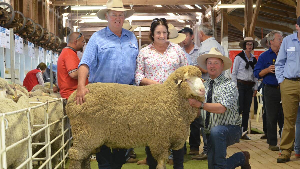 Dougal and Susan McLeish, ‘Thurn Merinos’, Coonamble with $6000 top-priced poll ram, and George Falkiner (Haddon Rig stud principal).