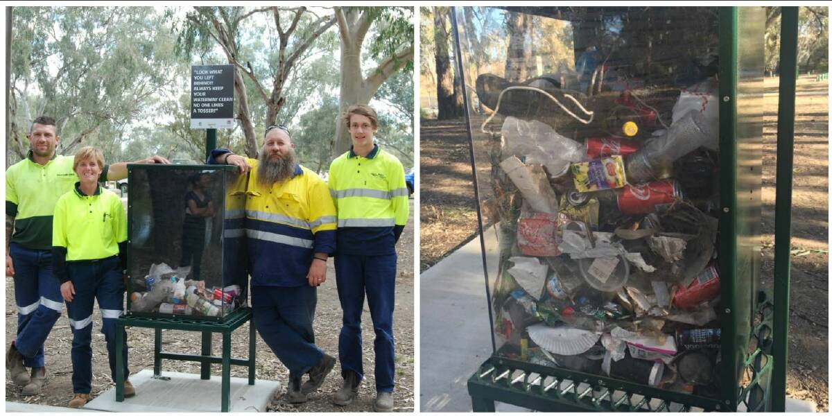 WEEK ONE VERSUS WEEK THREE: The council staff with the bin in week one and the bin in week three, look at all the rubbish. Photo: GRACE RYAN and BOGAN SHIRE COUNCIL.
