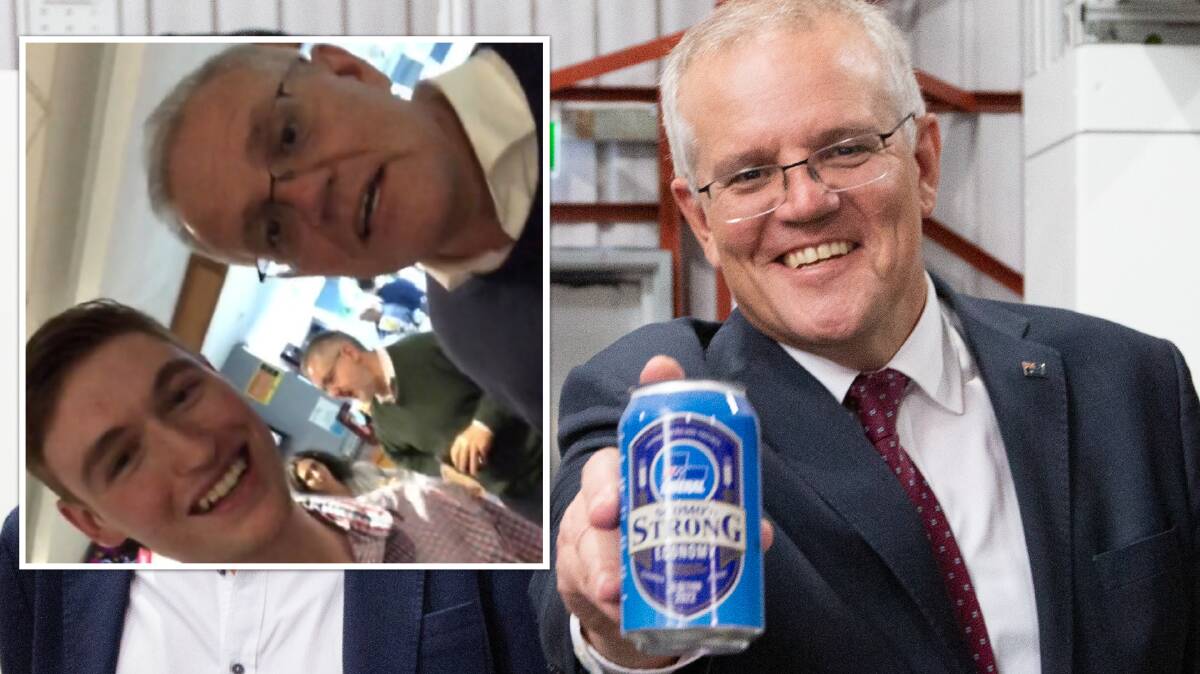 Prime Minister Scott Morrison at a cannery this week, and inset a screenshot of a social media video posted from the media drinks event. Pictures: James Croucher, TikTok