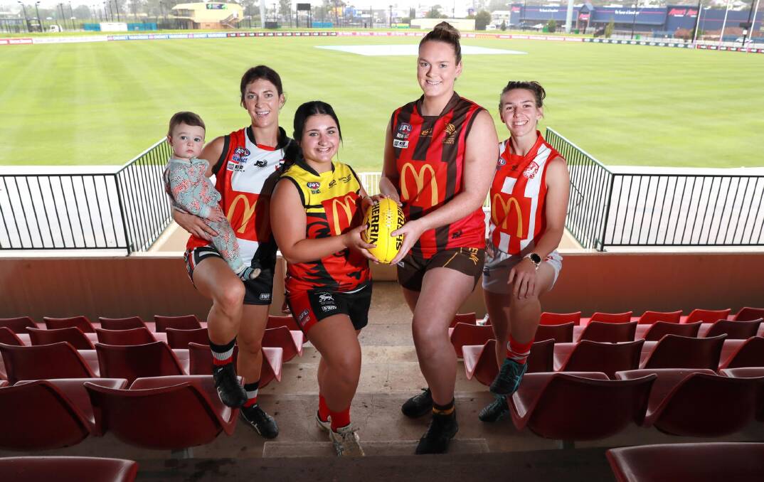 AFL Southern NSW Women's players Sarah Harmer with her 11 month old son Parker, Kyra Jackson, Hannah Finemore and Gabrielle Goldsworthy. Picture: Les Smith