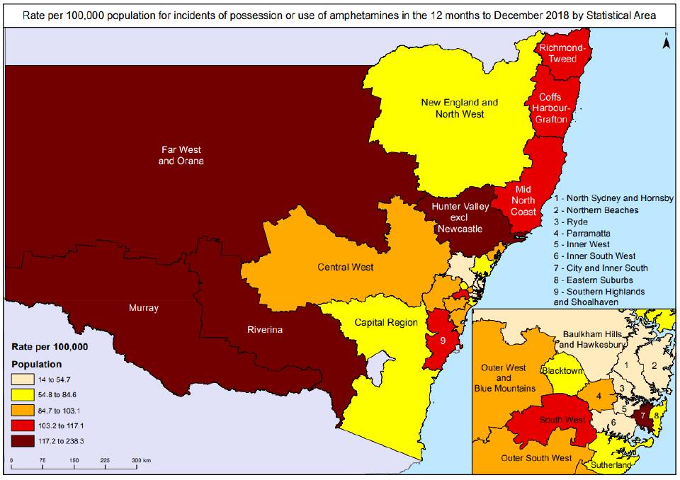 ALARMING MAP: NSW Government statistics revealed amphetamine use and possession increased by 61 per cent in the Far West and Orana Regions between April 2017 and March 2019. The increase was the highest in the state. Image: BOCSAR 