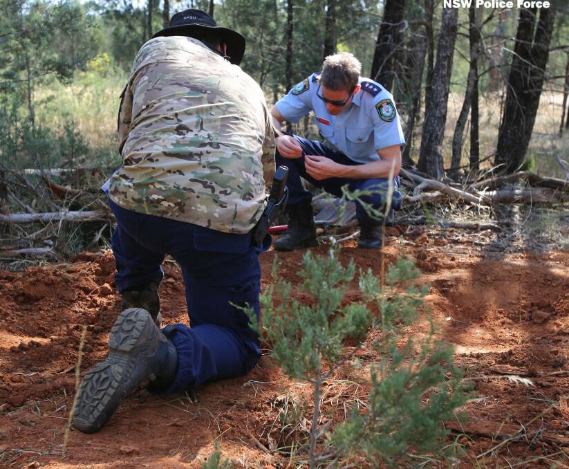 SEARCHING: Riverina Police District Detective Inspector Adrian Telfer on site during the search in Lester State Forest. Remains thought to be those of Allecha Boyd were found on Tuesday. Picture: NSW Police Force
