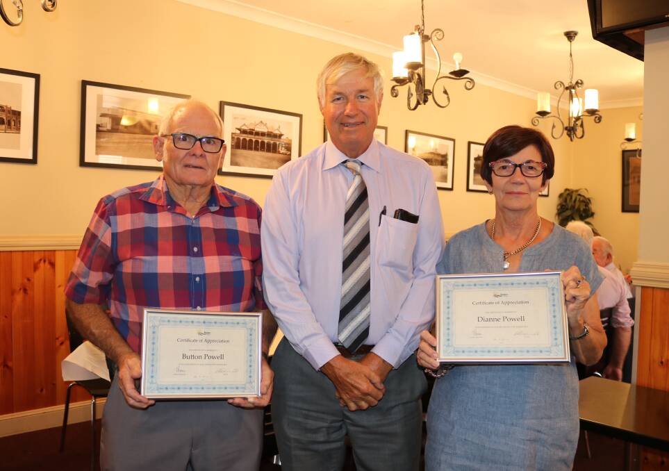 Button and Diane Powell with Bogan Shire Mayor Ray Donald were recognised at the March council meeting for their service to the community. Photo: CONTRIBUTED 