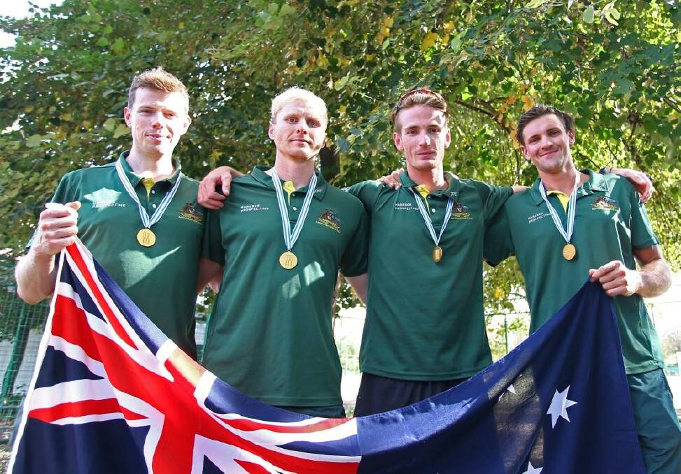 WORLD CHAMPIONS: Australia's Men's Four Josh Hicks, Spencer Turrin, Jack Hargreaves and Alex Hill. Photo: ROWING AUSTRALIA