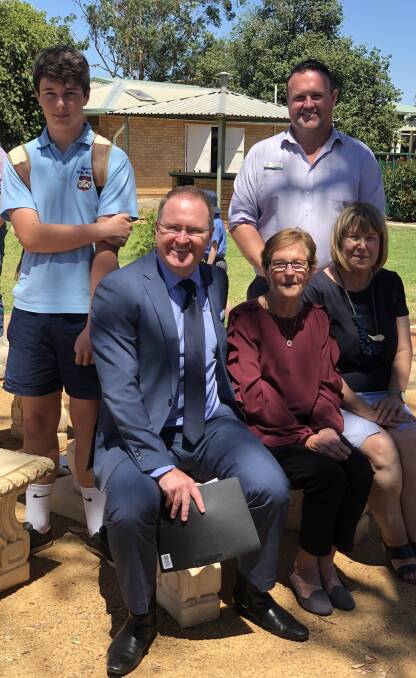 FAREWELL: Ethan Eckhart, Director of Catholic Education for the Wilcannia-Forbes diocese Anthony Gordon, Mim Pateman (middle), Deputy Principal Brad Toole and Principal Sharon Grimmond. Photo: ZAARKACHA MARLAN