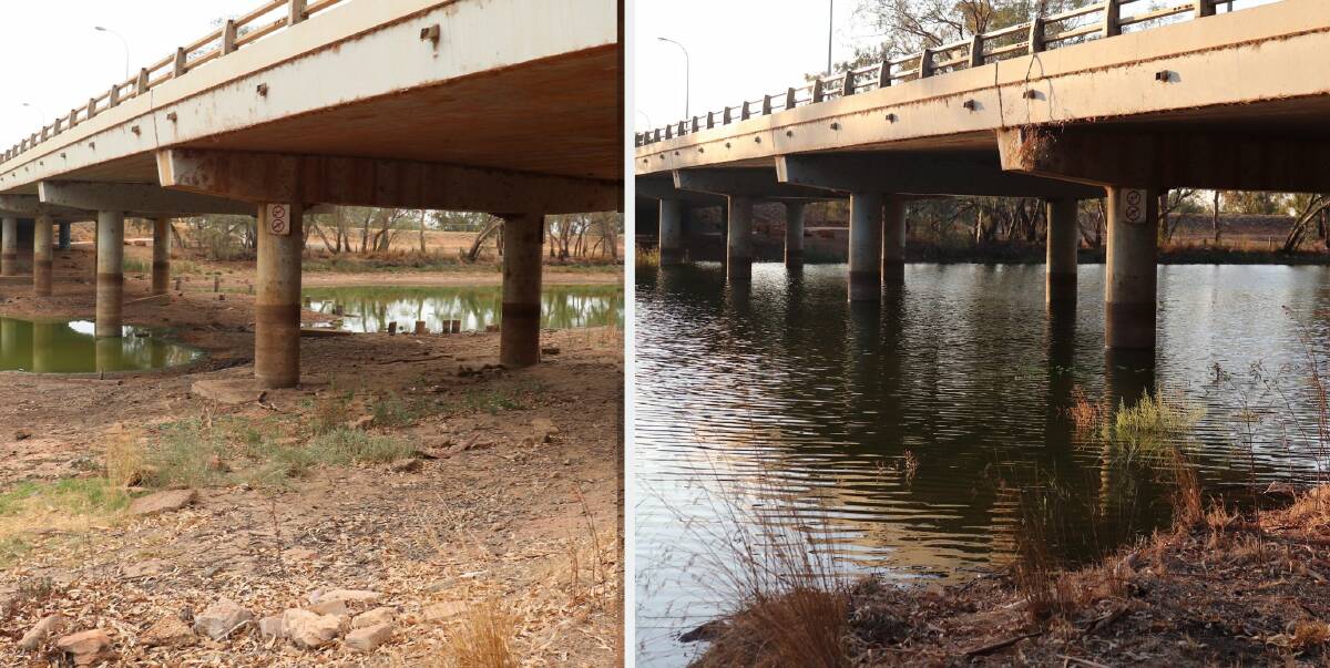 FLOWING: The Bogan River before and after the recent inflow currently being stored in the lower recreation weir. Photos: ZAARKACHA MARLAN