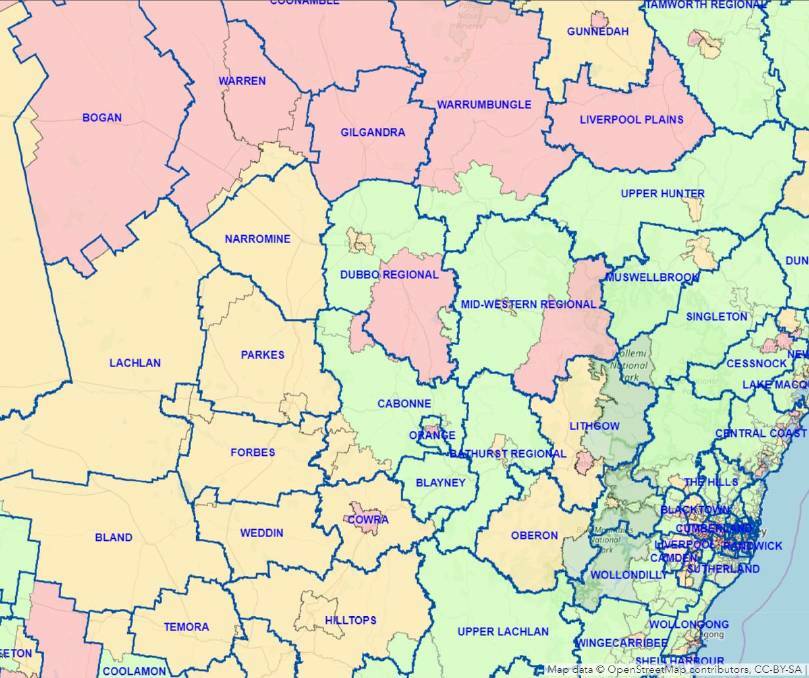 A map shows high-risk areas for problem gambling and social disadvantage (shaded red) where poker machine licences will be frozen. Photo: NSW Department of Industry