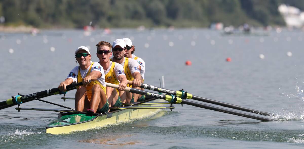 AWESOME FOURSOME: Alexander Hill, Jack Hargreaves, Nick Purnall and Jack O'Brien at the World Championships in Austria. Photo: ROWING AUSTRALIA