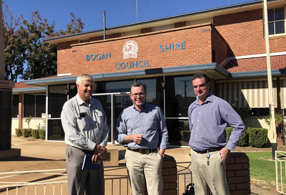 Bogan Shire mayor Ray Donald, the Minister for Agriculture and Western NSW Adam Marshall and Bogan Shire general manager Derek Francis. Photo: Zaarkacha Marlan
