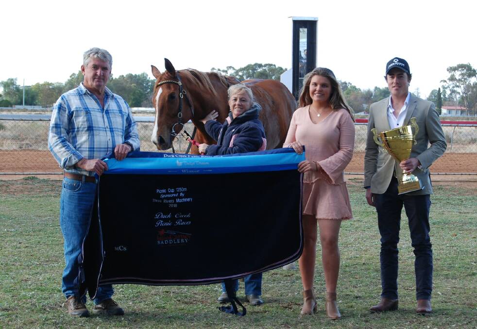 WINNER: The successful Sharon Jeffries trained (centre) Rehanaat took out the Three Rivers Machinery Nyngan Duck Creek Picnic Cup in 2018. Photo: ZAARKACHA MARLAN
