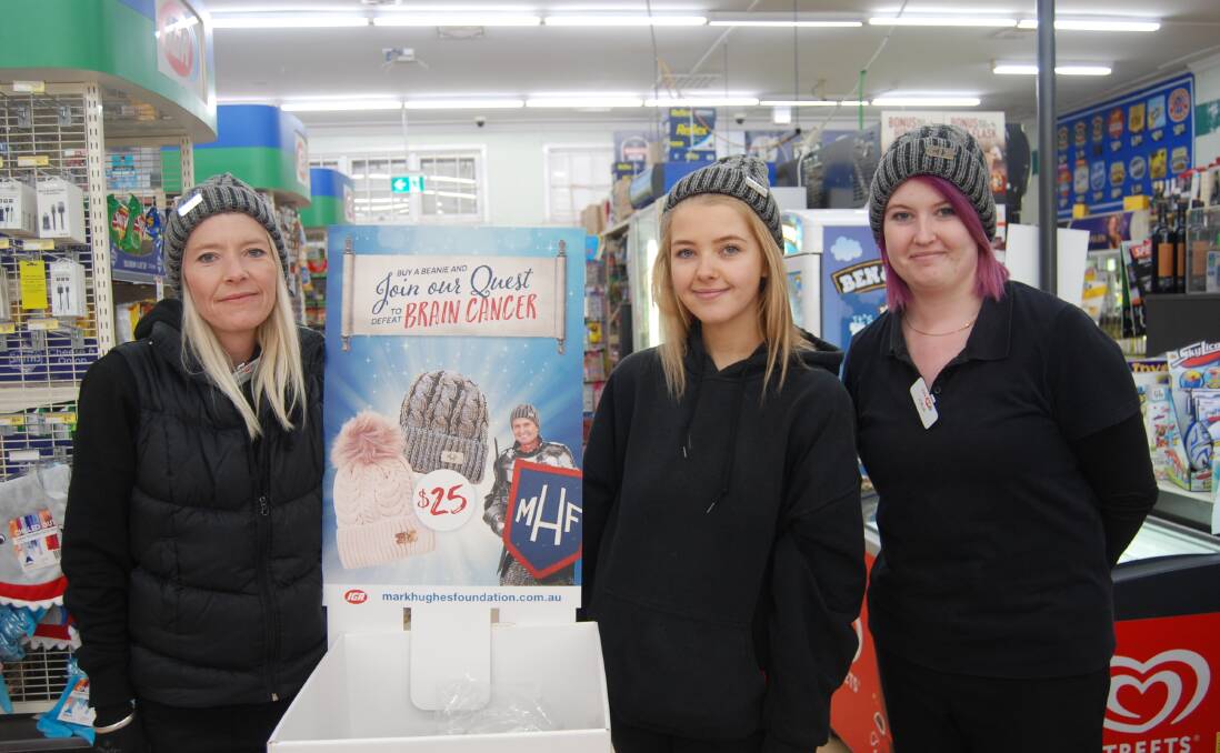 FOR A CAUSE: Melissa Graham, Brooklyn Graham and Jorja Whelan with Beanies for Brain Cancer. Photo: DAWN HOPWOOD