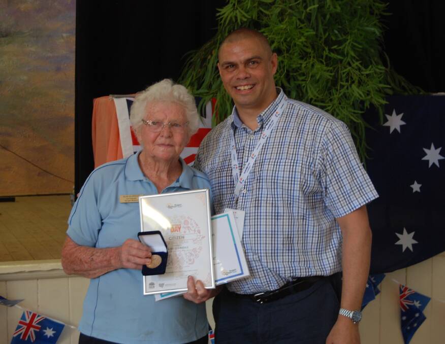 CITIZEN OF THE YEAR: Glad Eldridge and Australia Day Ambassador Kyle Vander-Kuyp. Photo: ZAARKACHA MARLAN