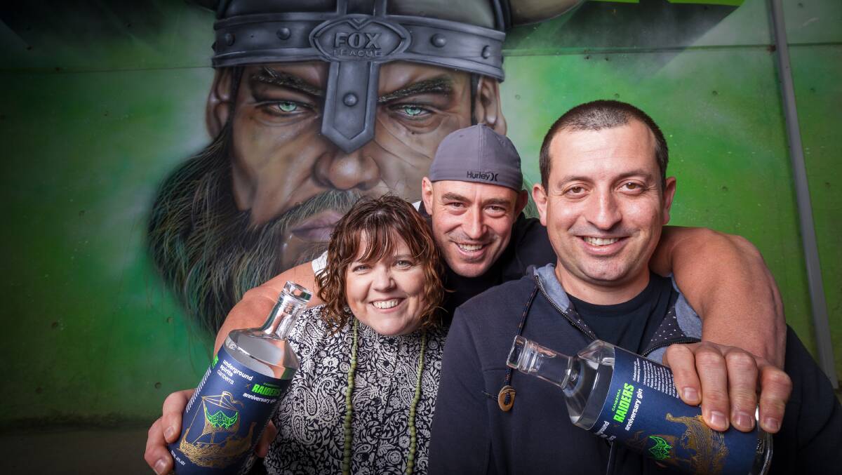 Terry Campese, centre, with Underground Spirits chief executive officer Claudia Roughley and distiller Stewart Dobson. Picture: Sitthixay Ditthavong