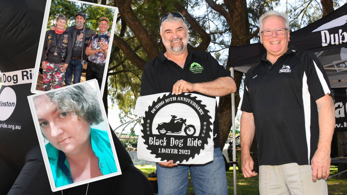 (Main) Black Dog Ride coordinator Wayne Amor with Greg Marwick; (inset bottom) Linda McCarthy; and (inset top) Wendy James, Mark Collingridge and Dal Carolan at the 2023 Black Dog Ride. Picture by Amy McIntyre (main) supplied and by Belinda Soole