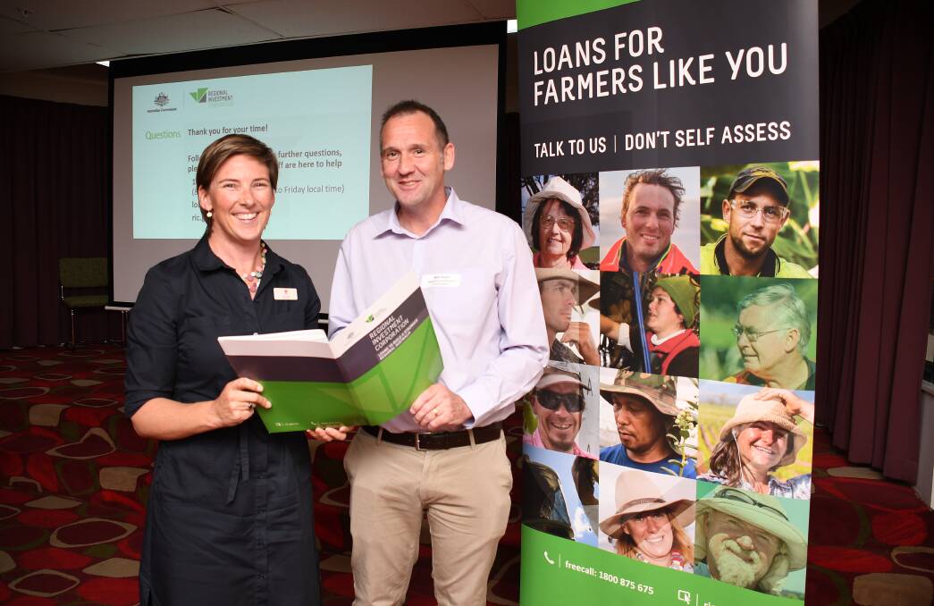 Delivering financial information: NSW Drought Coordinator Pip Job with Regional Investment Corporation CEO Matt Ryan. Photo: Belinda Soole. 