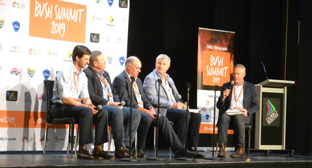 Panellists: Griffith grain grower Ben Dal Broi, Nevertire cotton farmer Tony Quigley, water expert David Harriss and Cotton Australia CEO Adam Kay, were the four speakers on the water topic at the Bush SUmmit. Photo: Taylor Jurd