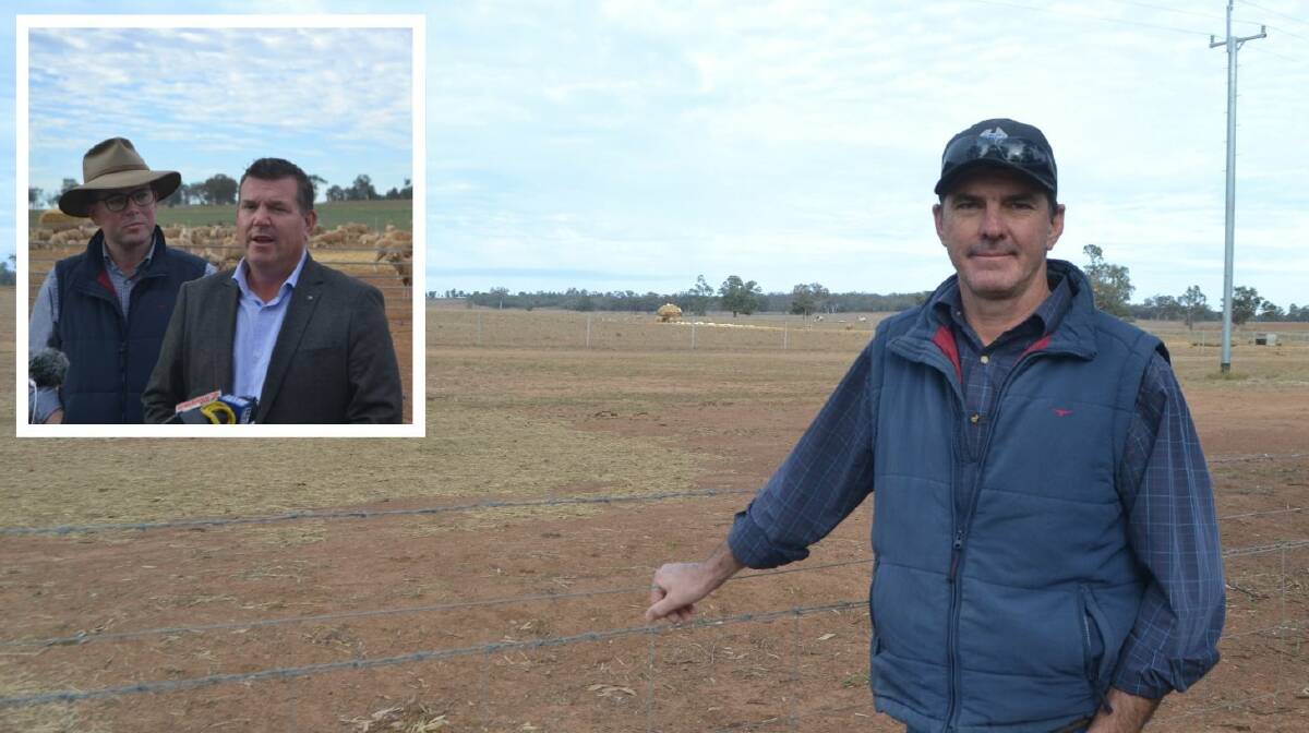 Mixed feelings: Dubbo farmer Peter Ryan has mixed feelings about the government's new drought assistance package that was announced this week. Inset Minister for Ag Adam Marshall and Dugal Saunders. Photo; Ryan Young.