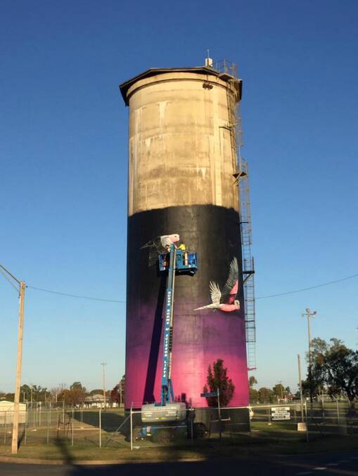 Water tank mural: Coonamble's 26 metre tall water tank has been turned into a stunning artwork. More examples of structures being turned into murals on page 6. Photo: John Murray Facebook