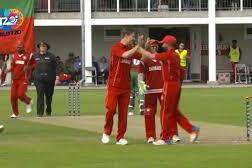 Oliver Hald (high-fiving on the left) took a wicket with his fourth ball in international cricket for Denmark against Portugal. Picture by Facebook