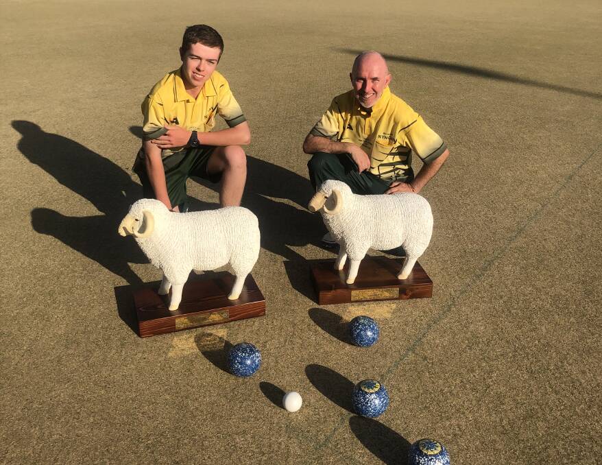 Winners of 2019 Bogan Classic: Tim and Mick Walsh with their ram trophies. Photo: CONTRIBUTED