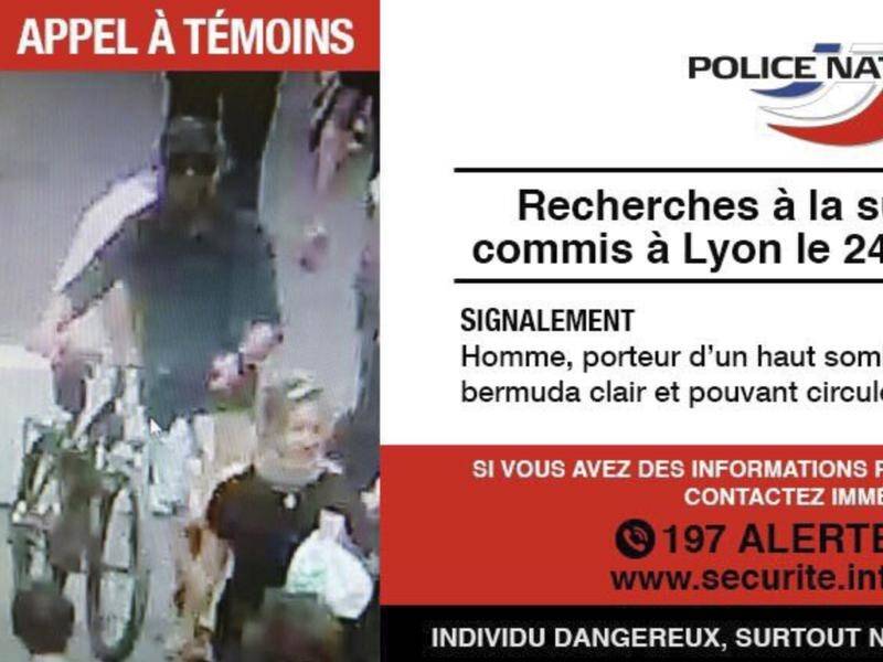 Police are asking for help identifying the Lyon bomber, seen on CCTV wearing sunglasses and a cap.